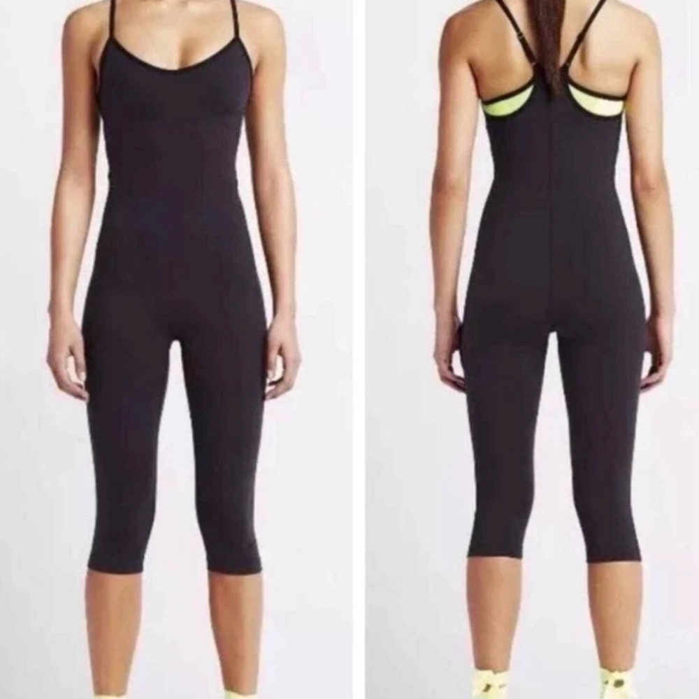 Nike Dri-FIT Black Workout Jumpsuit Unitard | Size L | Neon Yellow Built In Bra